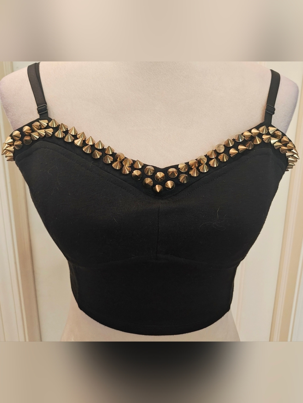 Vintage Charlotte Russe Black Studded Crop Top w Gold Metal Spikes.